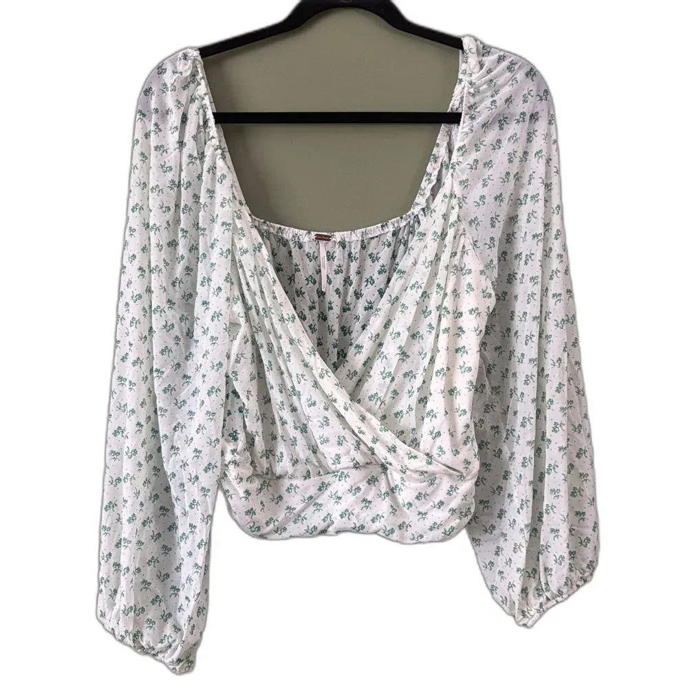 Free People Sweetie Pie Floral Sheer Faux Wrap Top Blouse Green White Sz S